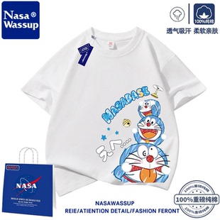 NASA哆啦A梦卡通印花儿童短袖T恤男女童夏季纯棉白色宽松半袖上衣