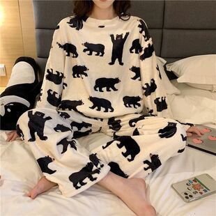 睡衣女冬珊瑚绒韩版大码可爱秋冬款加厚法兰绒女士家居服春秋套装