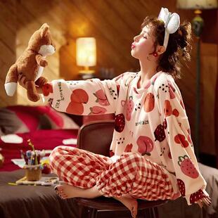 加厚法兰绒女士家居服春秋套装 可爱秋冬款 大码 睡衣女冬珊瑚绒韩版