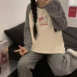 睡衣女秋冬季德绒加厚长袖卡通kt猫拼色春秋款可外穿家居服两件套