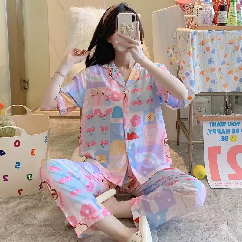 网红睡衣女士春夏款韩版宽松甜美可爱夏季家居服开衫短袖长裤套装