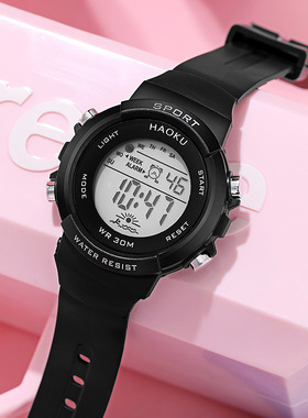 黑色电子手表男高初中学生潮流男女孩圆形防水夜光运动多功能闹钟