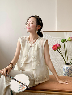 新中式 浮朵夏季 摩登时髦刺绣花朵盘扣透气马甲坎肩 沉香亭系列