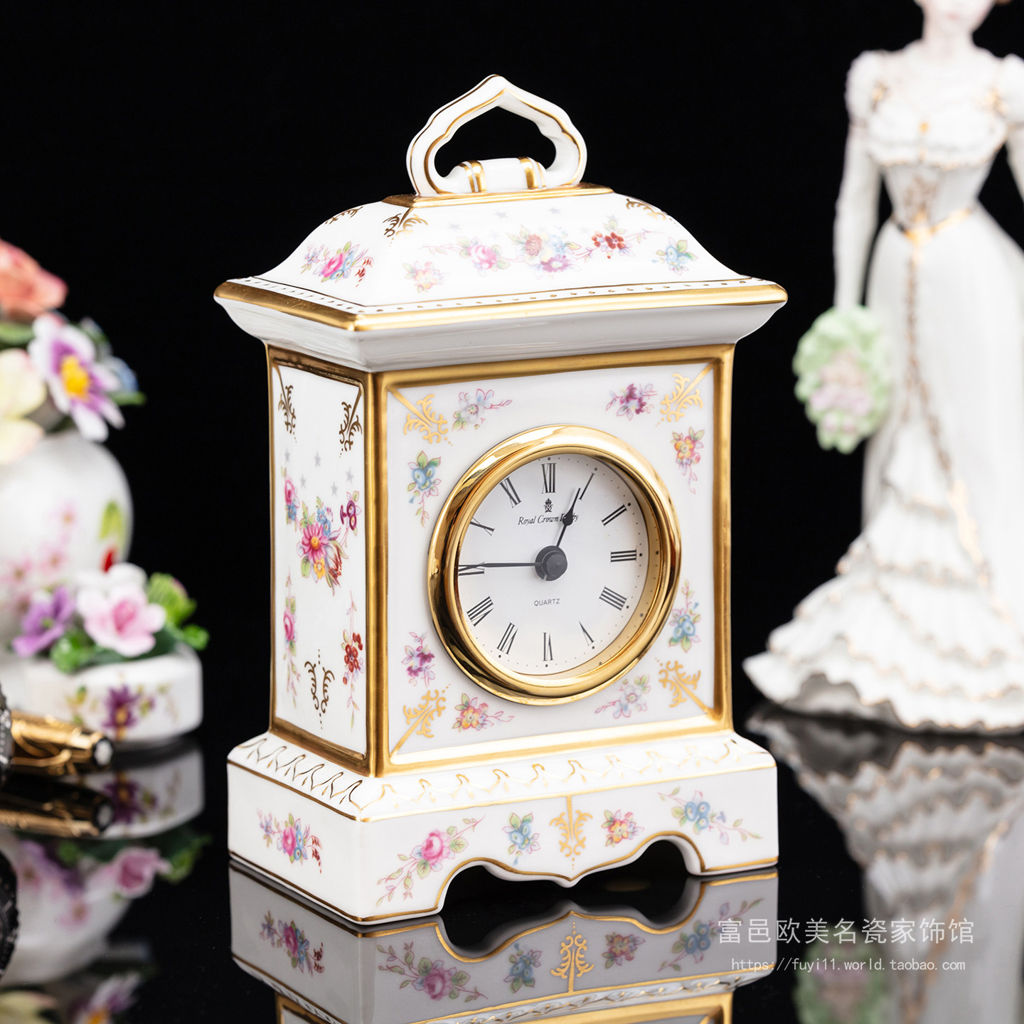 皇冠德比Royal Crown Derby骨瓷桌钟手绘花卉鎏金款欧式古典座钟