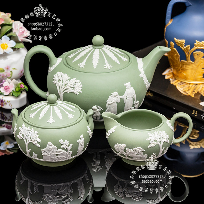 威基伍德Wedgwood绿色碧玉浮雕希腊神话茶具 茶壸糖盅茶海 无上釉