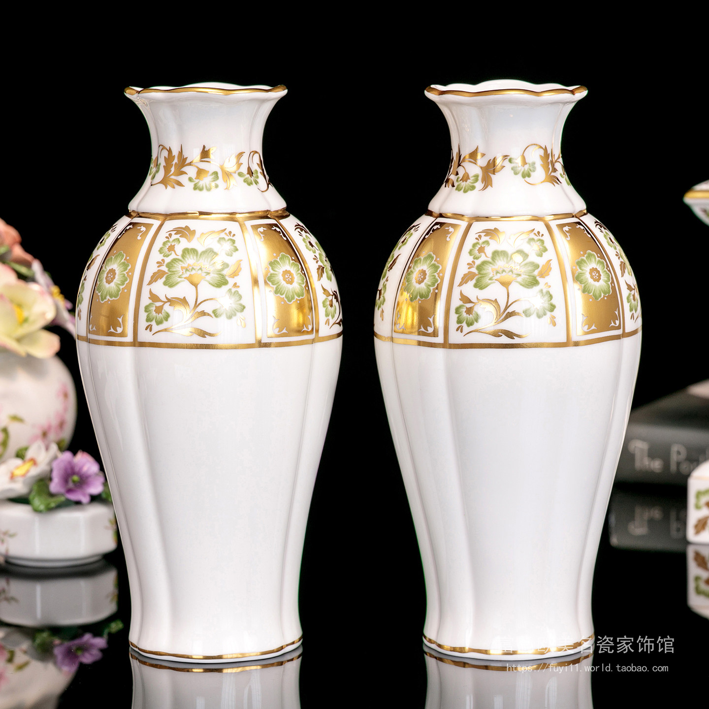 皇家德比Royal Crown Derby灿金骨瓷花瓶古典英式宫廷插花器一对