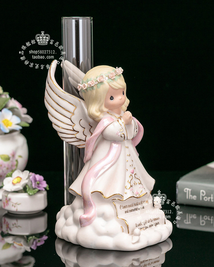Precious Moments 陶瓷祈祷天使摆饰 手工捏玫瑰花插花花瓶