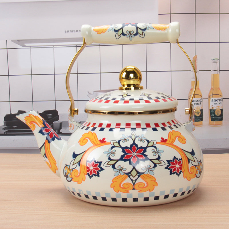 珐琅加厚搪瓷壶古典伊甸园花2.5L土耳其壶无滤网带金手柄