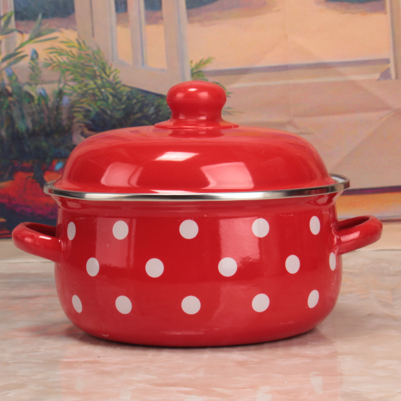 搪瓷汤锅红白点16/18/20珐琅平底炖锅1L/1.5L/2.2L煮面锅煎药锅