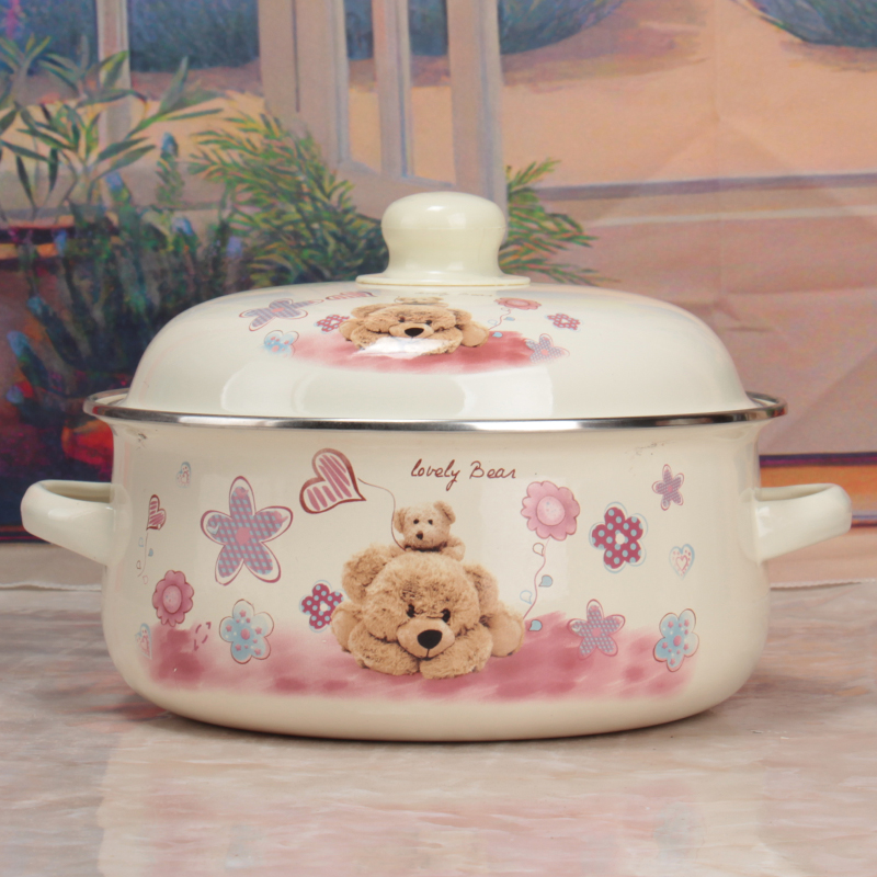 珐琅搪瓷小奶锅汤锅双耳锅快乐熊16/18/20cm