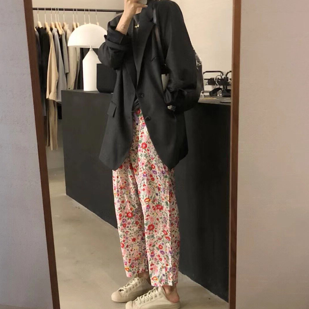 韩国版ins网红高腰宽松显瘦慵懒风小众碎花印花哈伦阔腿休闲裤女