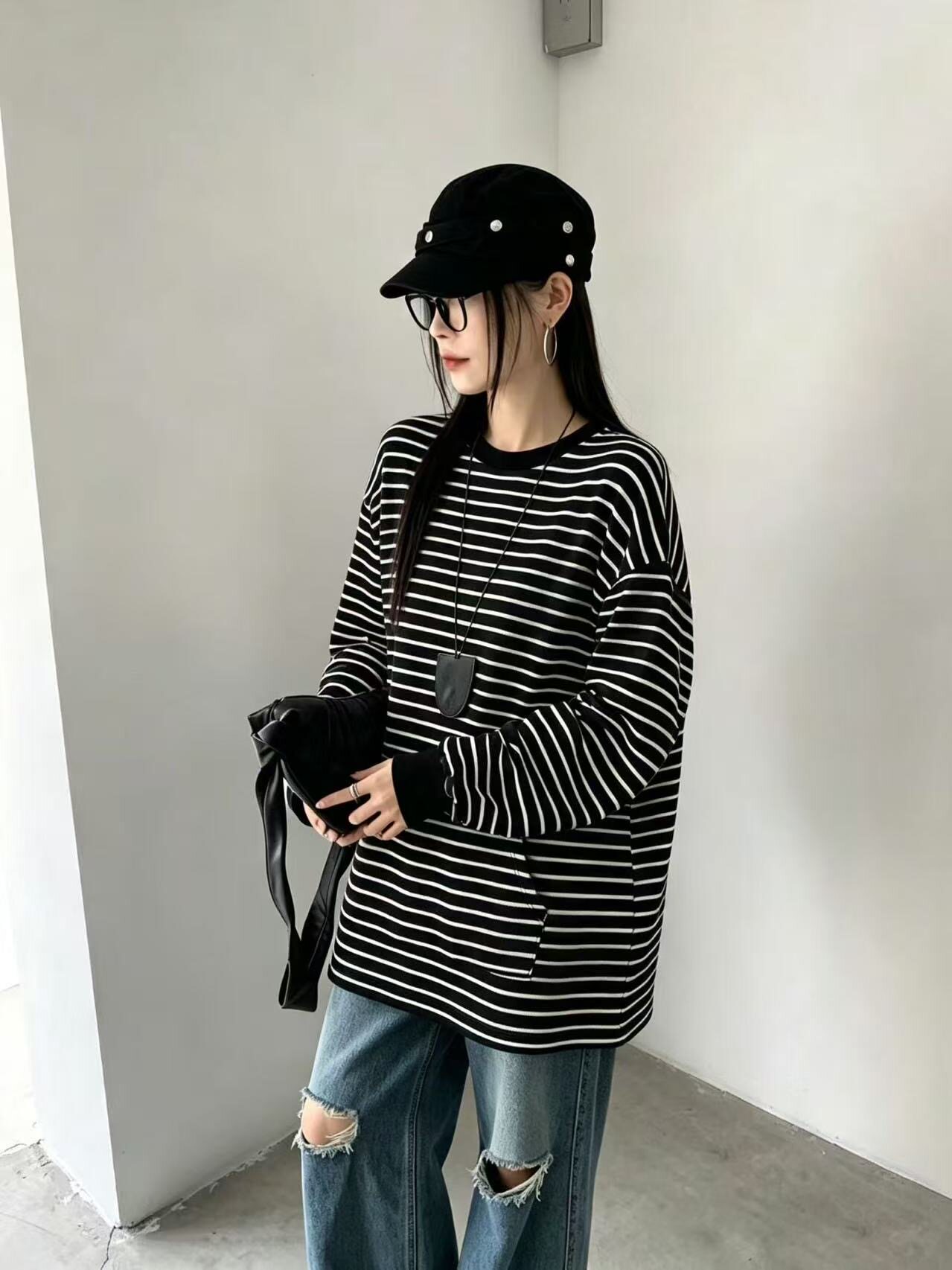 新款条纹宽松韩系显瘦女款秋冬时尚百搭长袖卫衣休闲简约