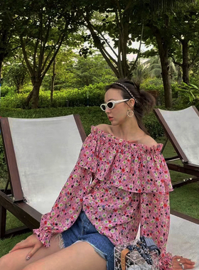 夏季新韩版一字领荷叶边露肩碎花上衣宽松收腰显瘦衬衫洋气衬衣女