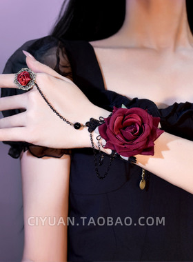 lolita朋克哥特圣诞节护腕复古玫瑰蕾丝戒指手套lo红色手腕套配饰