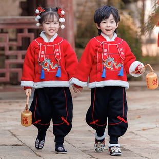 过年喜庆兄妹中国风汉服幼儿园表演出服 姐弟装 套装 宝宝拜年服唐装