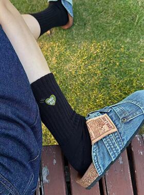 新款日潮HUMAN绿色紫色爱心刺绣袜子加厚毛巾底中长筒潮袜