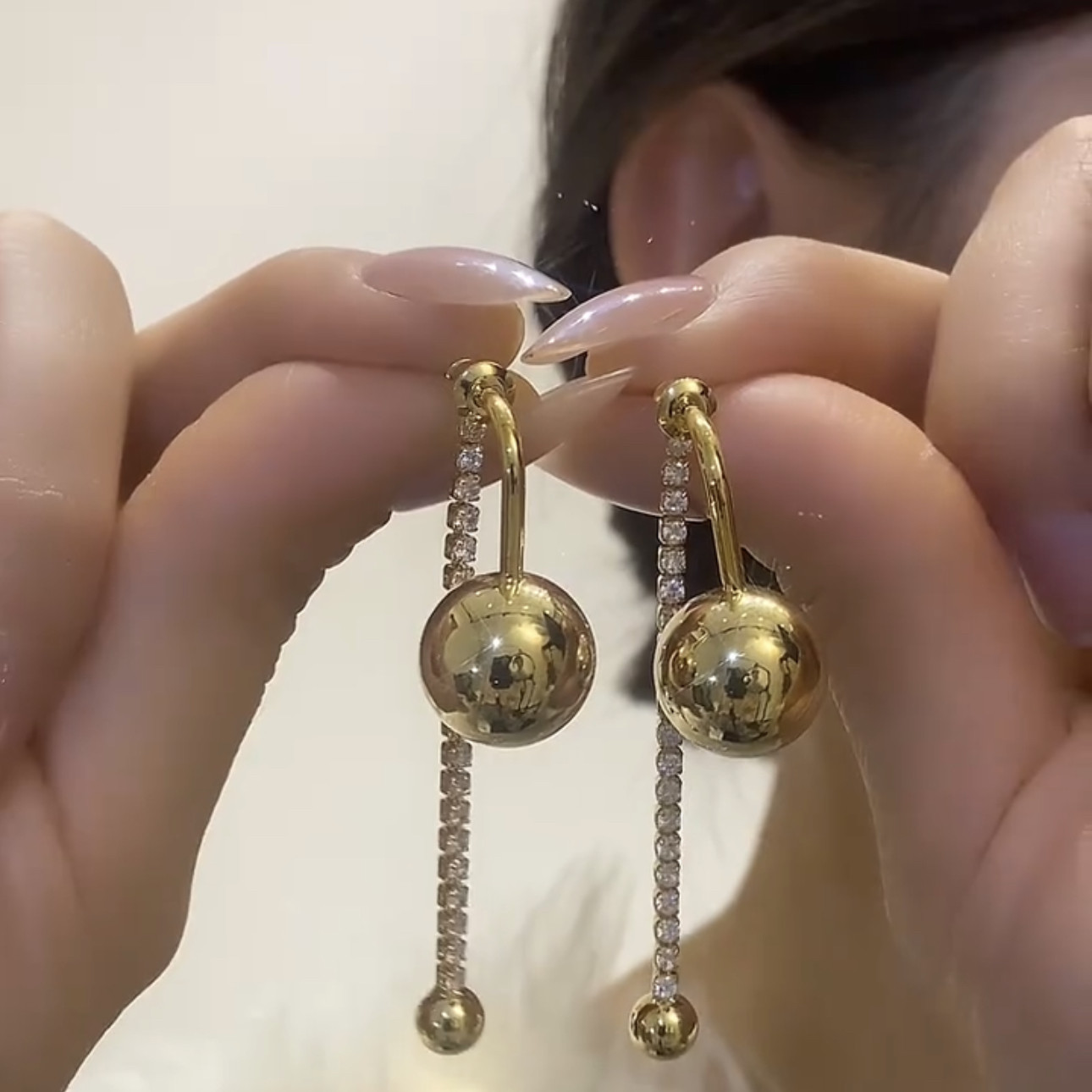 s925银针金色圆球流苏耳环女耳饰
