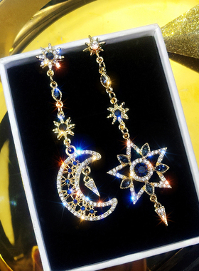 2019最新款潮s925银针不对称耳环女韩国气质长款星月耳坠个性耳钉