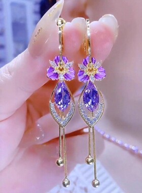 满钻花朵锆石流苏银针耳环2025新款潮气质百搭仙气女王长款耳饰女
