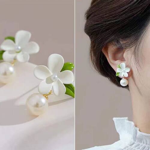 清新白色栀子花耳钉白花嫩绿耳环