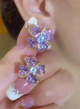 高级感紫色小花耳环女设计感网红百搭耳饰防过敏新款耳坠耳饰品