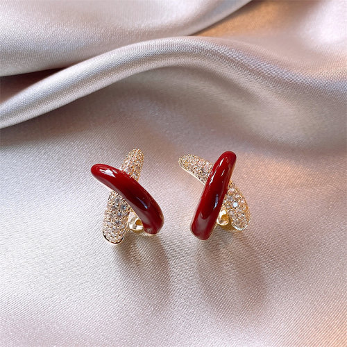 女韩国ins风红色交叉925银针耳钉