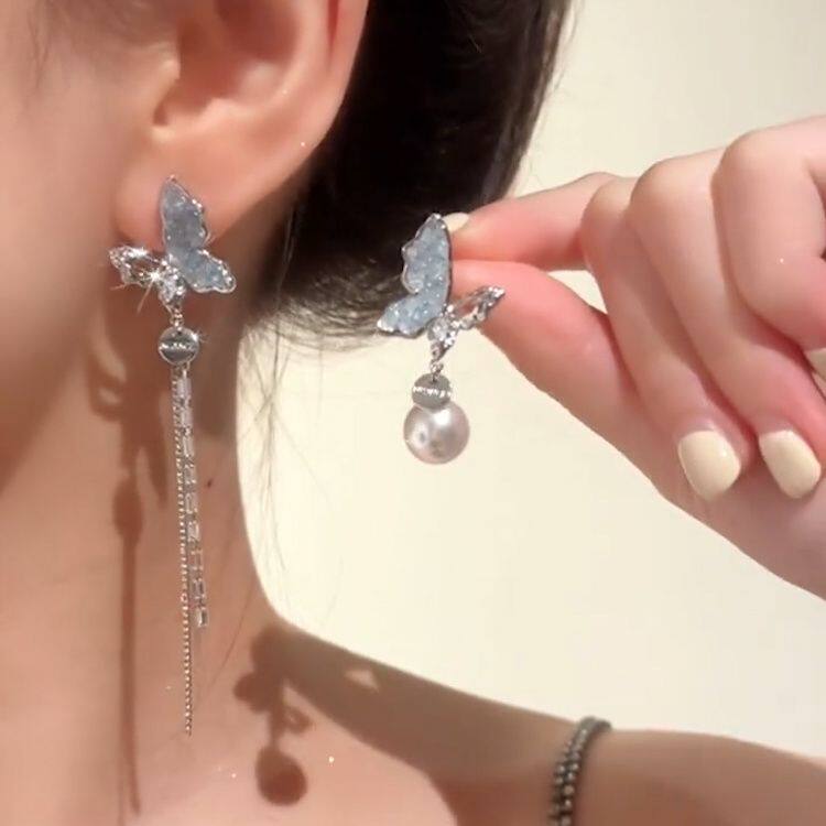 银针不对称蝴蝶水晶珍珠流苏耳环