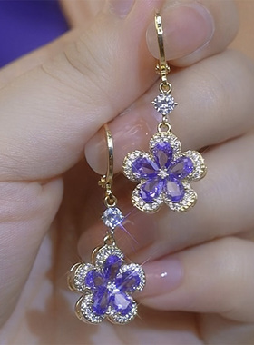 轻奢爆款紫色锆石花朵耳环时尚气质高档五瓣花耳饰小众简约耳扣女