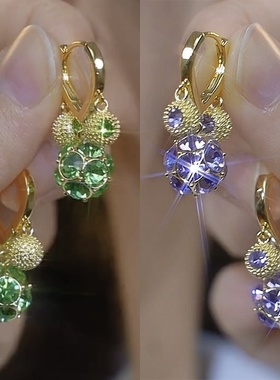 精致时尚高级感紫色绿色钻球榴莲耳扣女气质百搭网红新款小众耳饰
