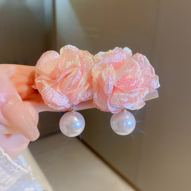 粉色大花朵耳环2023新款珍珠耳饰