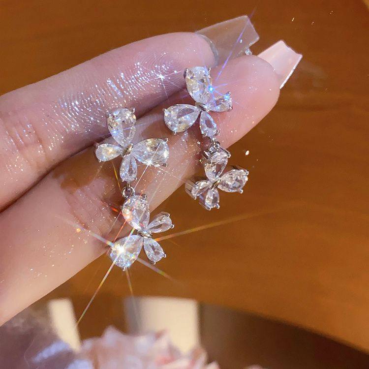 银色锆石蝴蝶耳环爆款气质耳饰品