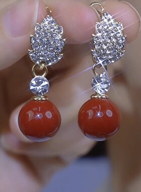 轻奢满钻红色珍珠树叶耳环女时尚高级感耳钉气质爆款925银针耳饰