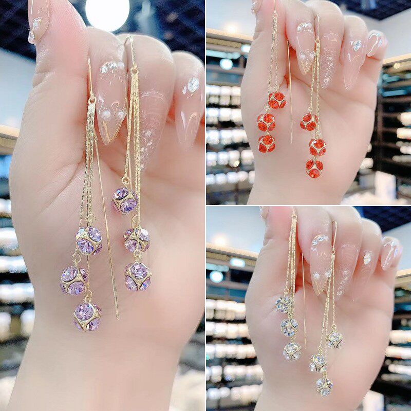 新款紫色球球闪钻流苏耳线高级感轻奢长款显瘦防丢气质个性耳饰