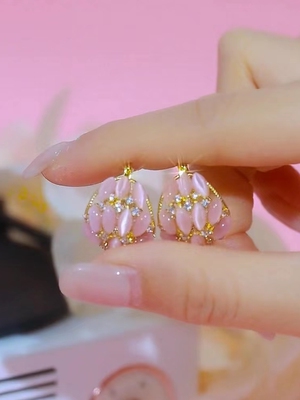 优雅粉色花篮耳环女洋气耳钉耳扣