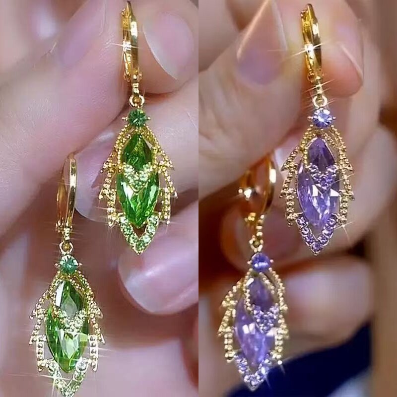 精致轻奢绿色水晶叶子耳环耳饰品
