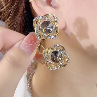 s925银针缠绕锆石灰水晶耳钉小众高级感耳扣耳环轻奢满钻气质耳饰