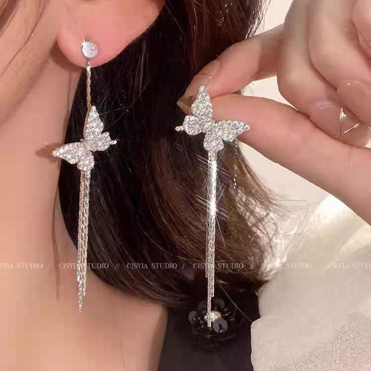 不对称蝴蝶流苏耳环轻奢百搭耳坠
