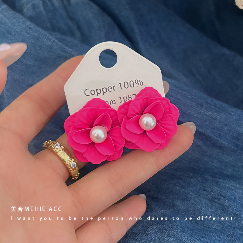 红色花朵耳环设计感耳钉耳饰品