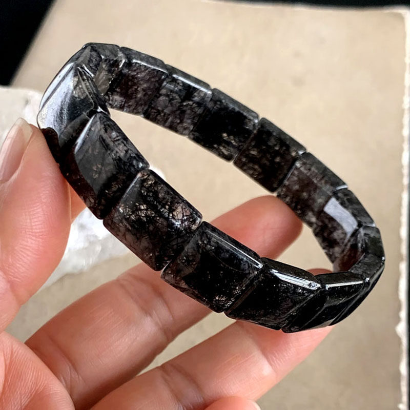 天然黑发晶手排水晶手牌黑碧玺发