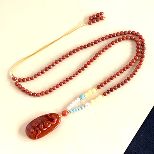 千蕊天然南红玛瑙项链生肖蛇吊坠圆珠款毛衣链可调套装礼品实物