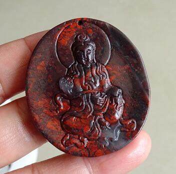 千蕊天然鸡血玉观音吊坠 桂林鸡血红碧玉项链毛衣链 观音牌子