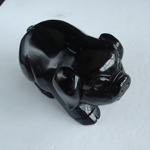 天然黑曜石雕刻发财猪摆件