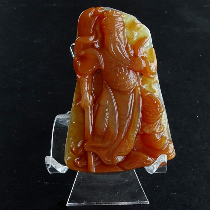 千蕊天然 天然黄龙玉雕刻关公佛头吊坠 黄蜡石笑佛毛衣链巧色实物