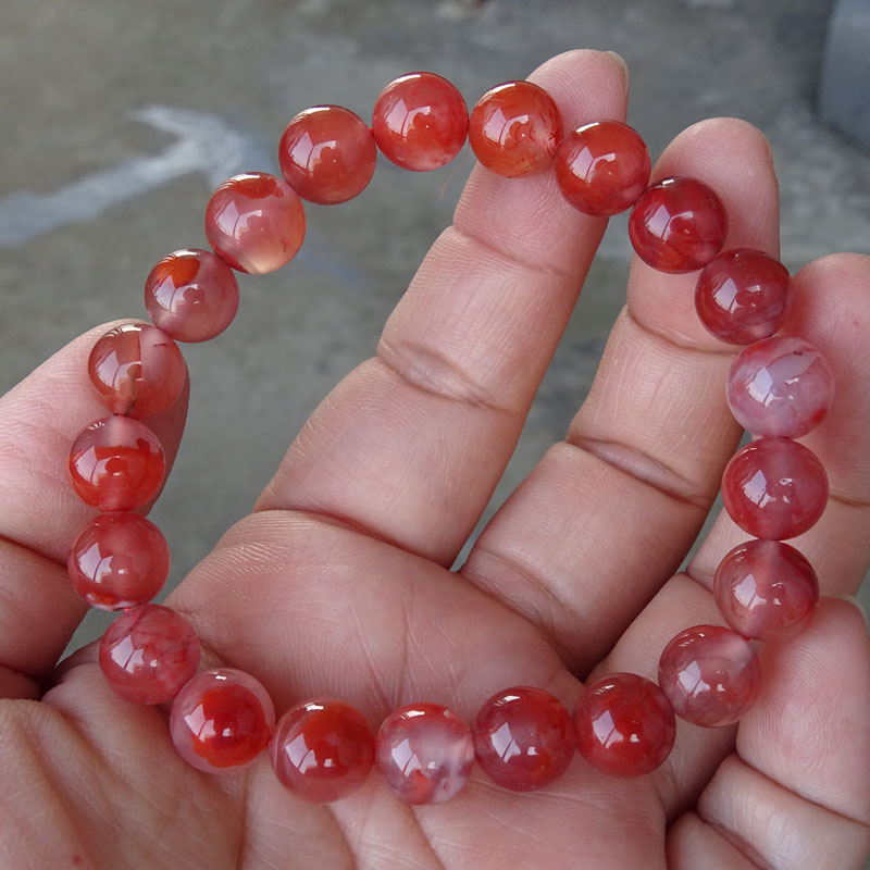 千蕊 天然南红玛瑙手链 冰种飘花冰透艳红 缠丝条纹 实物