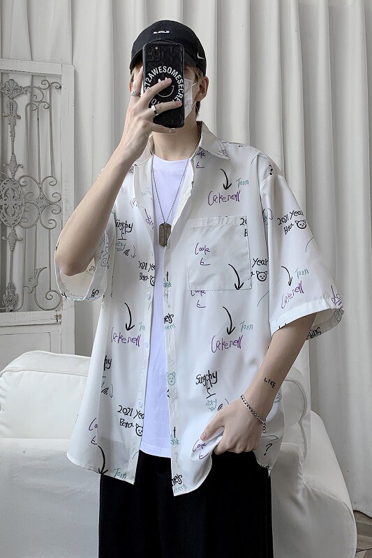 新品衬衫男士短袖港风印花衬衣XZ-702-CS109,男装衬衫,电商A430（原星座702）