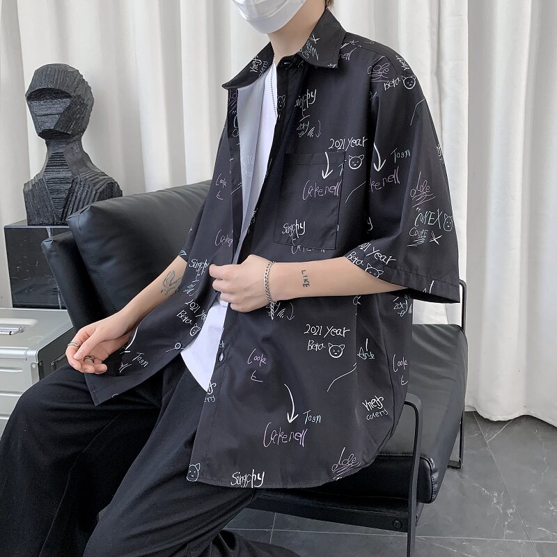 新品小清新免烫印花衬衫男生情侣宽松衬衣XZ-702-CS109P40,男装衬衫,电商A430（原星座702）
