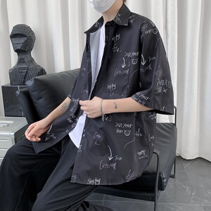 新品小清新免烫印花衬衫男生情侣宽松衬衣XZ-702-CS109P40图片