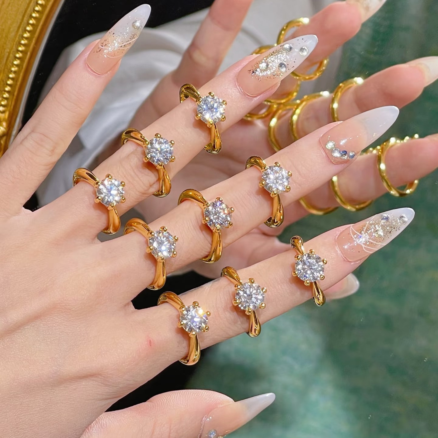 水贝5D硬金黄金镶嵌莫桑石经典六爪钻戒指999足金男女款1-5克拉