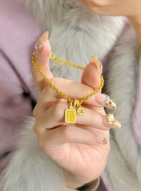 水贝发财有钱黄金手链女 999足金点钻镶嵌小方牌暴富招财5G手串