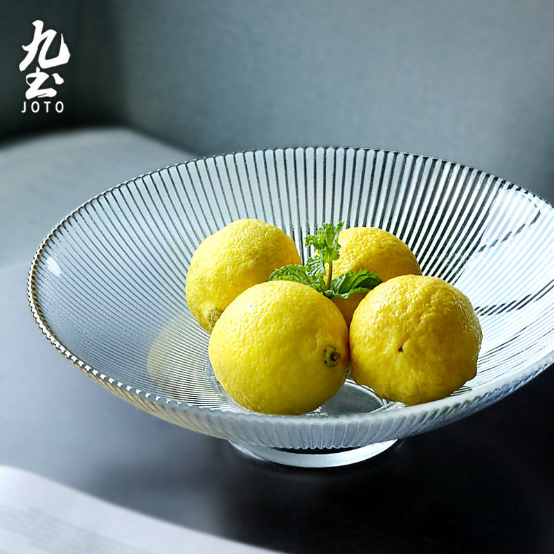 九土日式玻璃条纹果盘创意圆形简约托盘客厅茶几家用盘子大号果盆,餐饮具,果盆/果盘/果篮,淘宝优惠券,粉丝福利购,淘宝优惠卷
